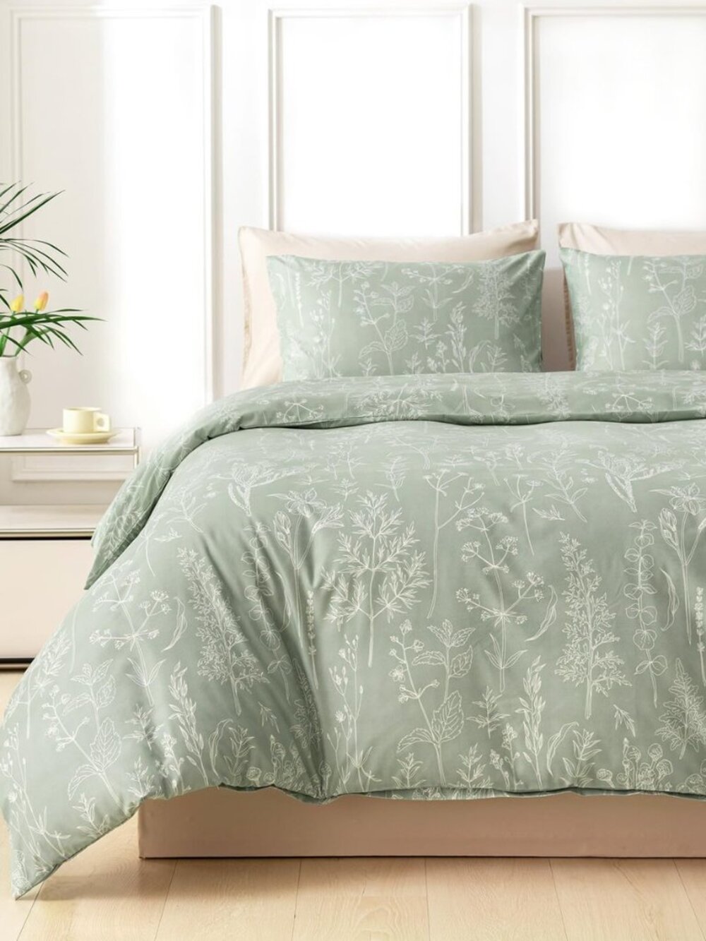 Floral Duvet Cover Queen Size 3-Piece, Sage Green